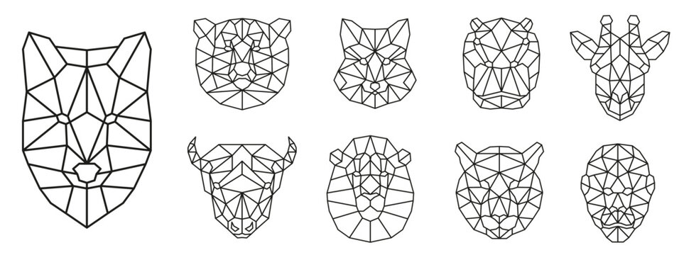 Different animals. Animals are drawn with a polygon. Faces of animals in a thin line.