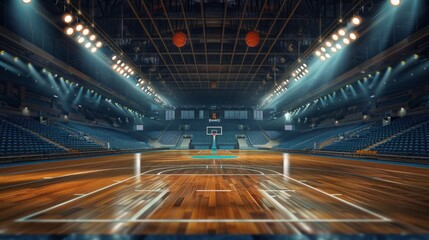 Basketball court located in a vast sports arena, with rows of empty seats - obrazy, fototapety, plakaty