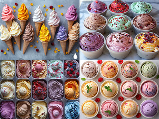 Illustration, a variety of whimsical ice cream variations, perfect for sparking creativity when trying new ice cream combinations against a funky backdrop. Very beautiful.