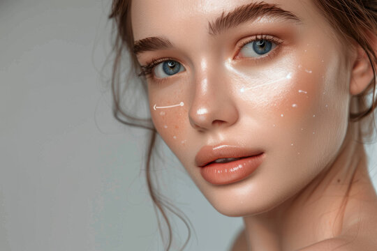 Radiant Woman's Visage Depicted with Clean Skin and Eye Highlight