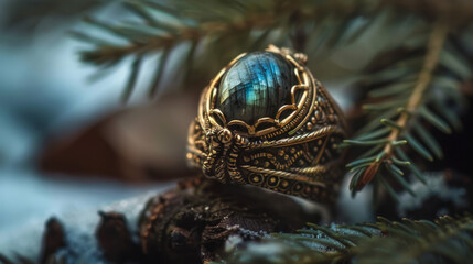 An intricate golden ring with a beautifully reflective labradorite gem, encapsulated by nature's elements