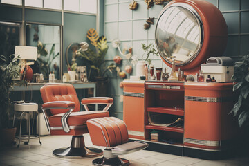 A vintage barbershop with a hair salon barber chair standing in the center of it. There is a large convex mirror, perfume, lotions, newspapers, etc. An old color camera film effect added - obrazy, fototapety, plakaty