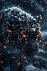 Enigmatic Black Panther Portrait in Snowy Landscape with Fiery Glow