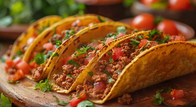 Crunchy taco shells filled with vibrant veggies and minced meat.
