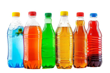 Plastic bottles of assorted carbonated soft drinks over isolated on white