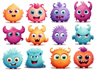 A set of colorful cartoon monsters with different expressions and poses