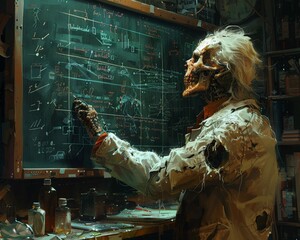 The deranged undead scientist mutters to themselves scribbling madly on a chalkboard covered in cryptic equations - obrazy, fototapety, plakaty