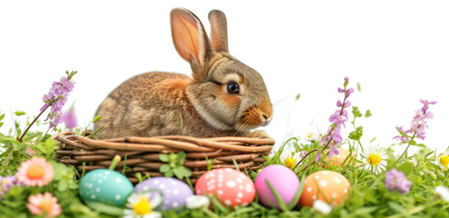 Fototapeta na wymiar Easter Extravaganza: Basket Bunny and Vibrant Eggs