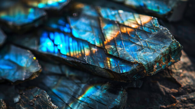Macro shot showcasing beautiful blue and golden hues on labradorite crystals as sunlight hits them