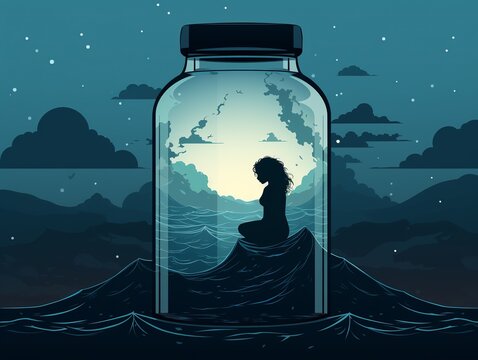 A woman is sitting in a jar of water