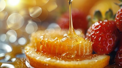 Honey dripping on fruit, representing nourishing natural face masks - obrazy, fototapety, plakaty