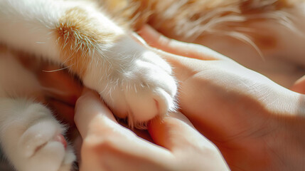 Closeup of a cat's paw on a human hand, depicting a pet care concept.