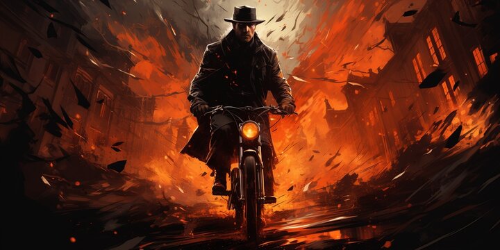 A man is riding a motorcycle in a city with a lot of fire