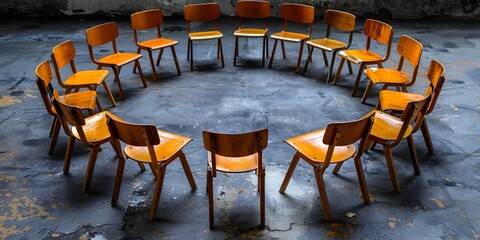 Circle of Chairs Inviting Open Dialogue in Abandoned Industrial Setting