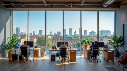 Professionals work at desks in an open-plan office with a backdrop of expansive windows showcasing a panoramic city skyline, bathed in the natural light of a clear day.