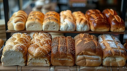 Breads on supermarket shelves, Different bread, baguettes, bagels, bread buns, and a variety of other fresh bread on display on grocery store bakery shelves, bread in a bakery,bread buns on baker shop
