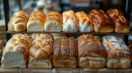 Zelfklevend Fotobehang Breads on supermarket shelves, Different bread, baguettes, bagels, bread buns, and a variety of other fresh bread on display on grocery store bakery shelves, bread in a bakery,bread buns on baker shop © Jennifer