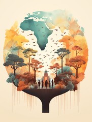 A painting of a tree with a group of people walking through it