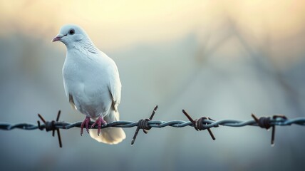 Peaceful dove perched on a barbed wire, symbolizing hope for peace