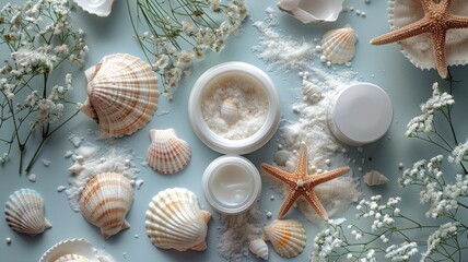 Fototapeta na wymiar Seashells and mineral-rich skincare, representing the benefits of sea mineral extracts