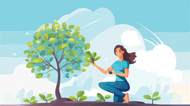 Cheerful girl planting tree. Young woman working 