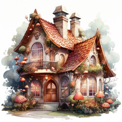 Fototapeta premium watercolor Kawaii Gingerbread House clipart, Generative Ai