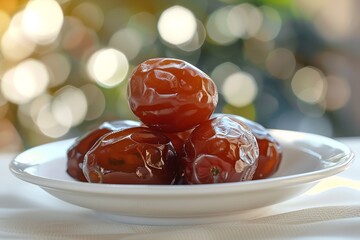 Fresh and vibrant dates in close-up on a white dish with an ambiguous background and text space for advertisement, Generative AI. - obrazy, fototapety, plakaty