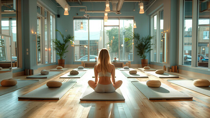 A woman sits in a meditative pose on a yoga mat in a spacious, sunlit studio, surrounded by tranquility and the glow of the early morning light.