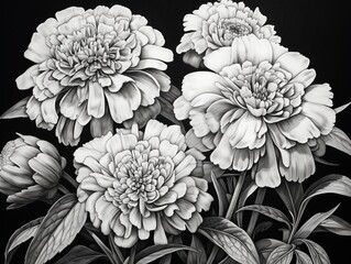 A black and white drawing of four white flowers