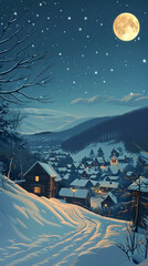 Idyllic village in snow tranquil winter evening glowing moon picturesque scenery quietude of nighttime , minimalist