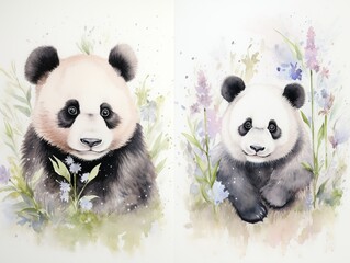Two panda bears are sitting in a field of flowers