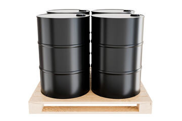 3D illustration black metal tank diesel fuel tank gasoline barrel Chemical product warehouse Storage stacked on pallets isolated on background - clipping path