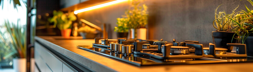 Refined modern kitchen toptier stove appliance elegant simplicity ambient mood lighting sleek culinary environment , close-up - obrazy, fototapety, plakaty