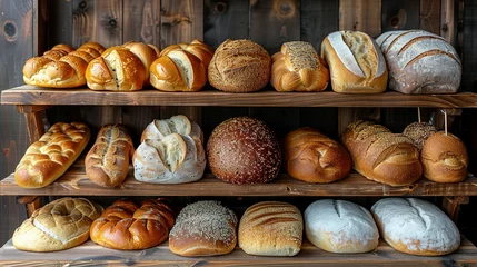 Foto op Aluminium Breads on supermarket shelves, Different bread, baguettes, bagels, bread buns, and a variety of other fresh bread on display on grocery store bakery shelves, bread in a bakery,bread buns on baker shop © Jennifer
