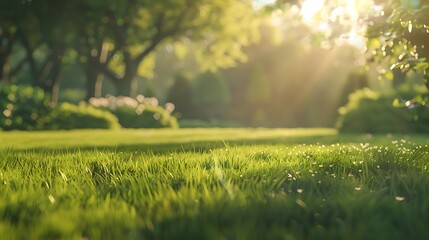 Freshly mowed green grass lawn in the backyard with trees and sunlight shining through leaves - obrazy, fototapety, plakaty