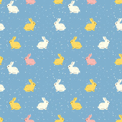 Minimalistic Vector Yellow Pink and Yellow Colored Bunnies on Blue Background Seamless Pattern