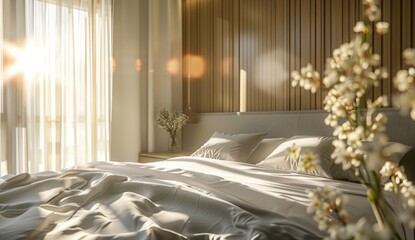 A modern hotel room with a king-size bed, featuring white sheets and grey pillows This scene conveys luxury and comfort Generative AI - obrazy, fototapety, plakaty