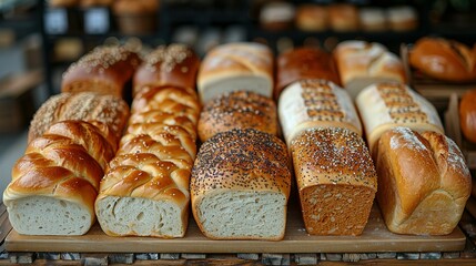 Breads on supermarket shelves, Different bread, baguettes, bagels, bread buns, and a variety of other fresh bread on display on grocery store bakery shelves, bread in a bakery,bread buns on baker shop - obrazy, fototapety, plakaty