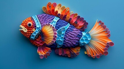 Paper quilling clownfish isolated on blue background .
