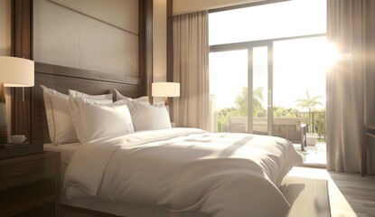 A modern hotel room with white bedding, dark wood headboard and window view Generative AI