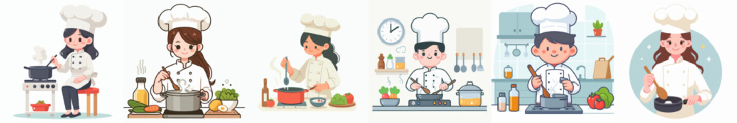 set of vector illustrations of a chef cooking in flat design style