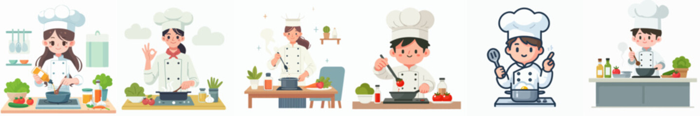 set of vector illustrations of a chef cooking in flat design style
