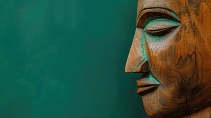 A wooden carved mask displayed against a green textured background.