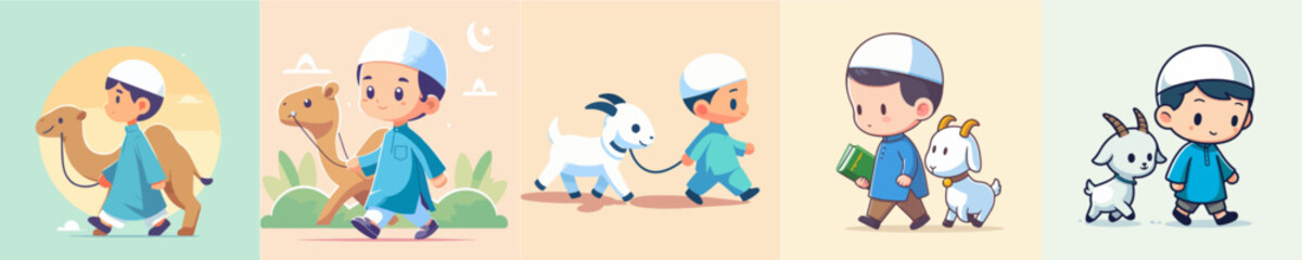set of vector illustrations of Muslim boys with sacrificial animals in flat design style