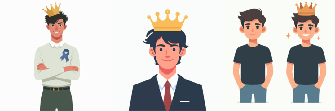 set of vector illustrations of happy young men wearing crowns in flat design style