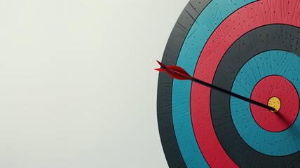 An arrow perfectly centered in the bullseye of a colorful dartboard against white background.