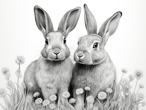 Two rabbits are sitting in a field of flowers