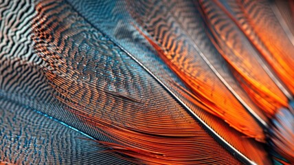Close-up shot of vivid orange and black bird feathers with intricate patterns.