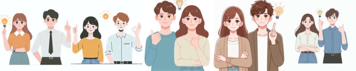 set of vector illustrations of a man and woman getting an idea in flat design style
