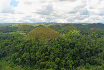 Panoramic view from the observation deck of the Chocolate Hills in the national park, located on the Philippine island Bohol